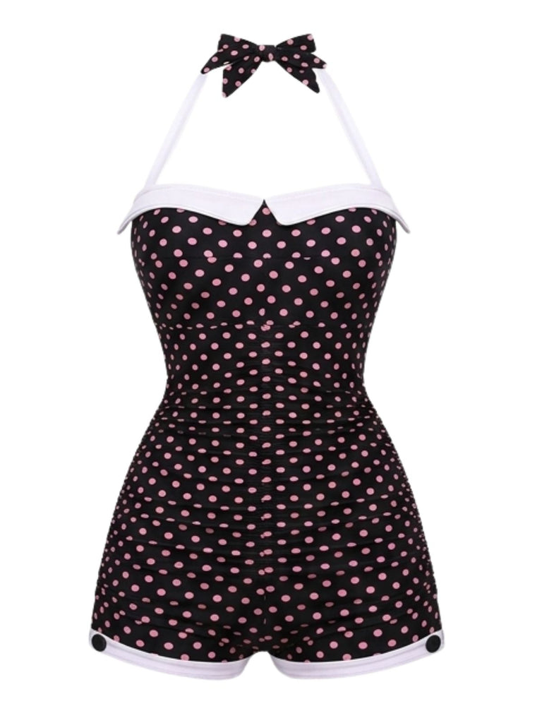 [Pre-Sale] Black 1950s Halter Poka Dot Bowknot One-piece Swimsuit
