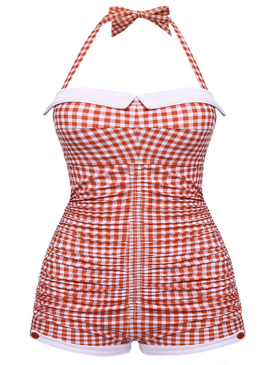 [Plus Size] Gingham 1950s Halter Bowknot One-piece Swimsuit