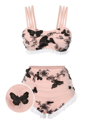 Beige 1950s Mesh Butterfly Tankini Set