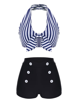 Blue 1950s Retro Halter Stripes Bikini Set