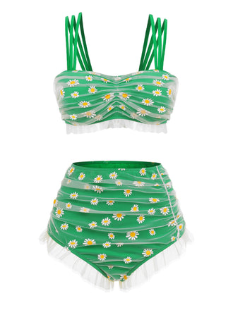 Green 1950s Summer Daisy Tankini Set