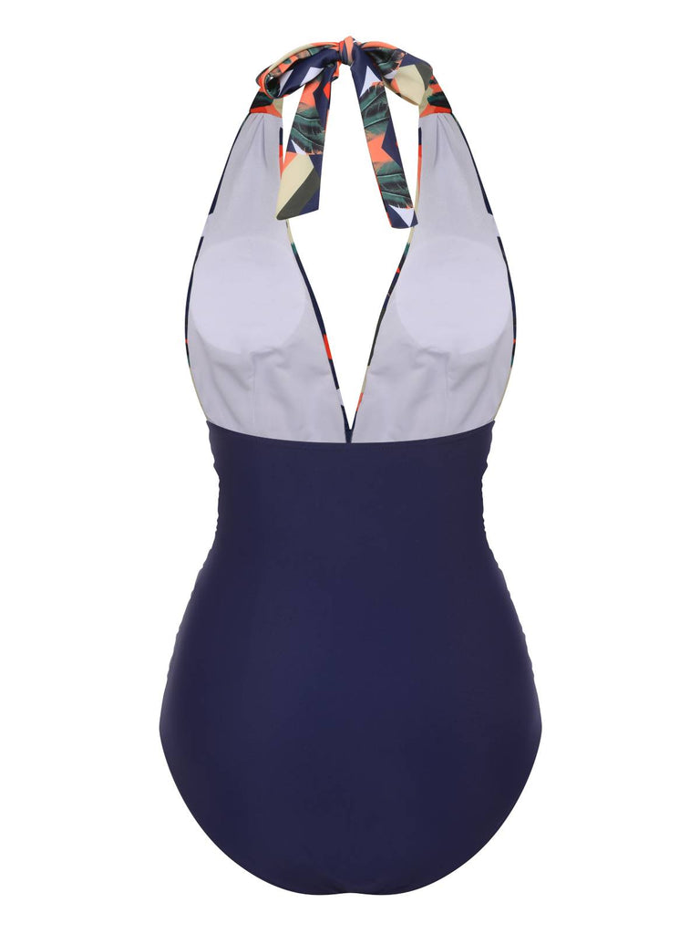 [US Warehouse] Blue 1940s Tropical Deep-V Halter Swimsuit