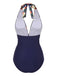 [US Warehouse] Blue 1940s Tropical Deep-V Halter Swimsuit