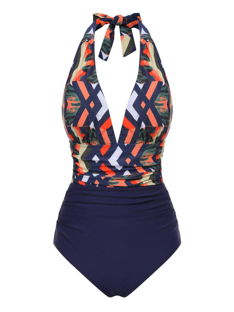 [US Warehouse] Blue 1940s Tropical Deep-V Halter Swimsuit