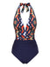 [US Warehouse] Blue 1940s Tropical Deep-V Halter Swimsuit