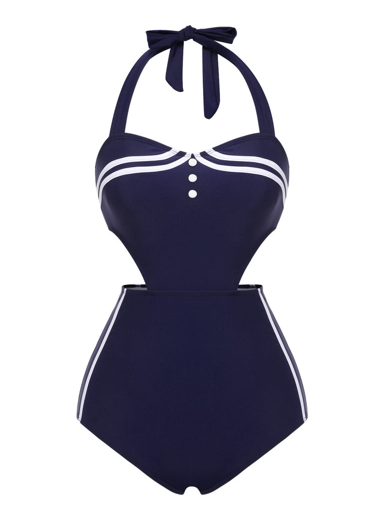 [US Warehouse] Navy Blue 1930s Halter One-piece Swimsuit