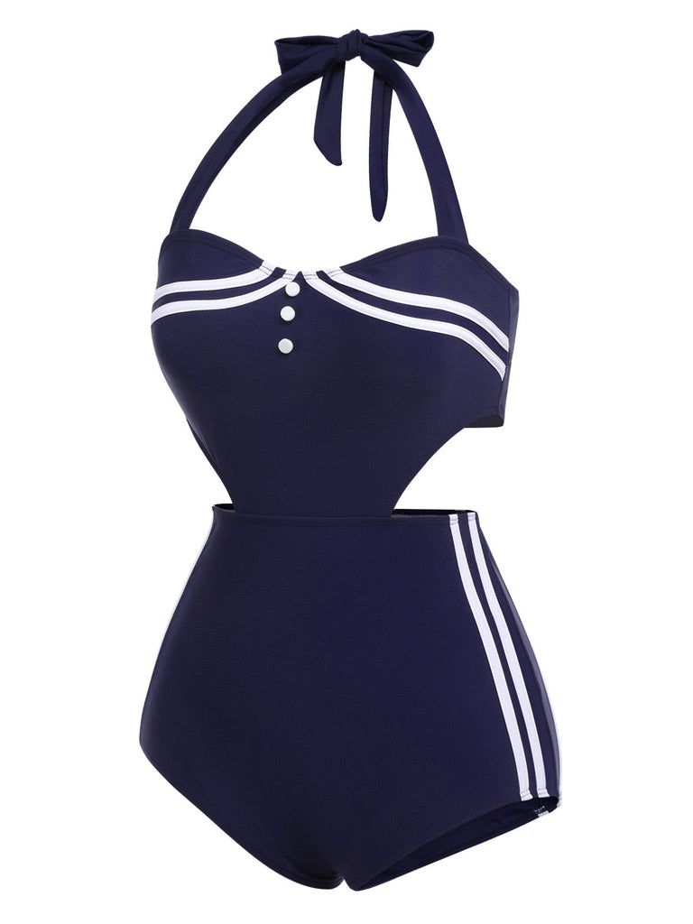 [US Warehouse] Navy Blue 1930s Halter One-piece Swimsuit