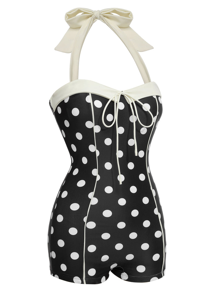 [US Warehouse] Black 1950s Polka Dots Halter Swimsuit