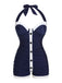 [US Warehouse] Navy Blue 1950s Pleated Halter Swimsuit