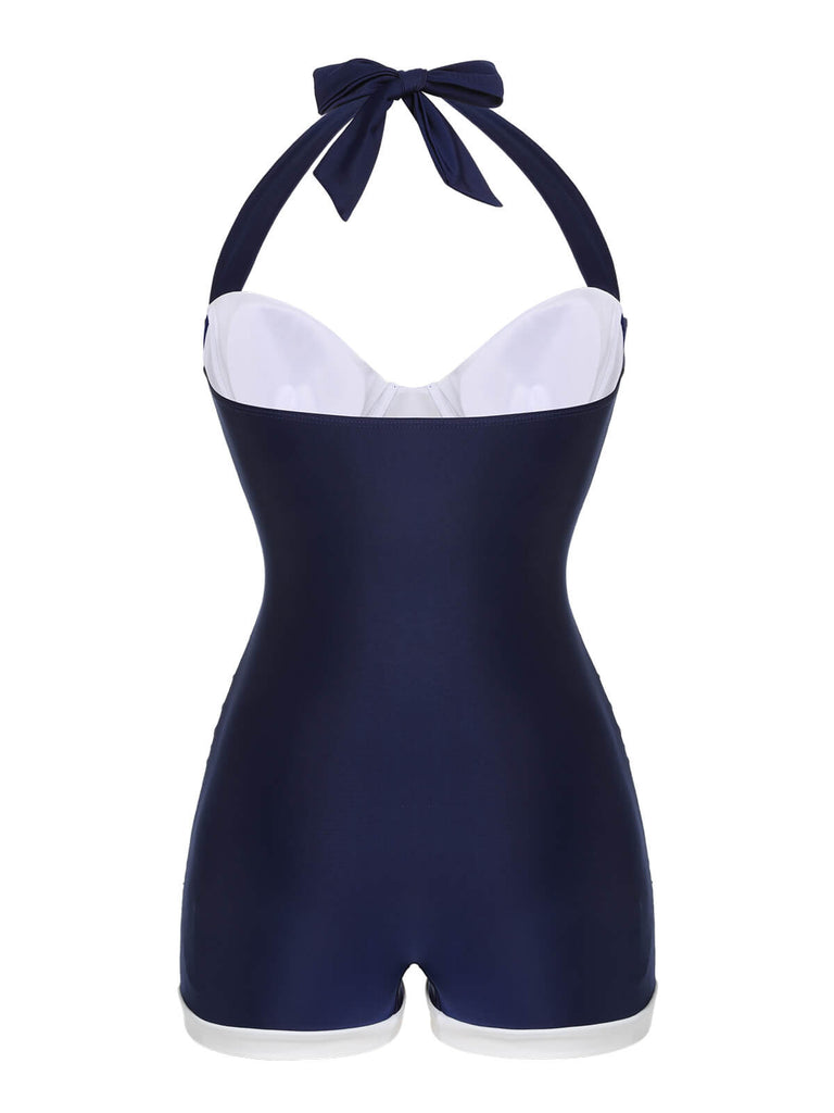 [Plus Size] Navy Blue 1950s Pleated Halter Swimsuit