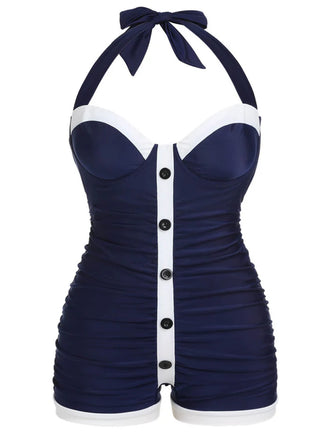 [Plus Size] Navy Blue 1950s Pleated Halter Swimsuit