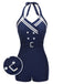 Navy Blue 1950s Solid Belt Button Halter Swimsuit