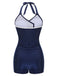 Navy Blue 1950s Solid Belt Button Halter Swimsuit