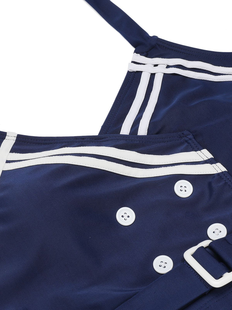 [US Warehouse] Navy Blue 1950s Solid Belt Button Halter Swimsuit