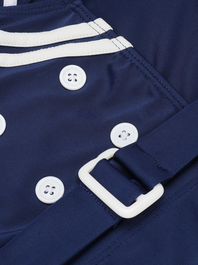 [US Warehouse] Navy Blue 1950s Solid Belt Button Halter Swimsuit