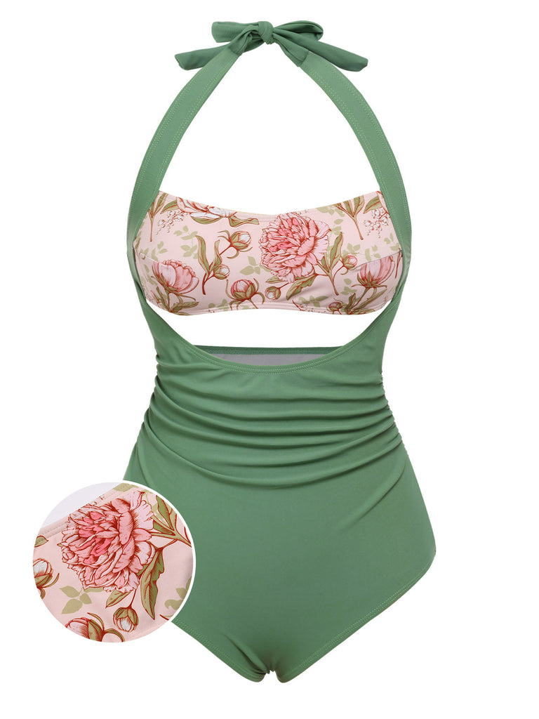 [US Warehouse] Green 1930s Peony Halter One-Piece Swimsuit