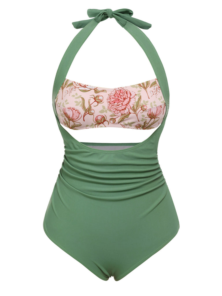 [US Warehouse] Green 1930s Peony Halter One-Piece Swimsuit