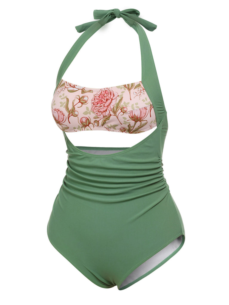 [US Warehouse] Green 1930s Peony Halter One-Piece Swimsuit