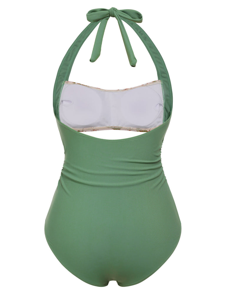 [US Warehouse] Green 1930s Peony Halter One-Piece Swimsuit