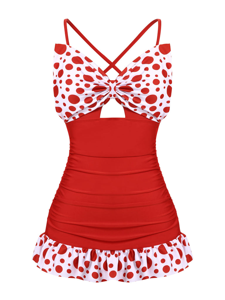 1930s Polka Dot Bowknot Patchwork Swimsuit