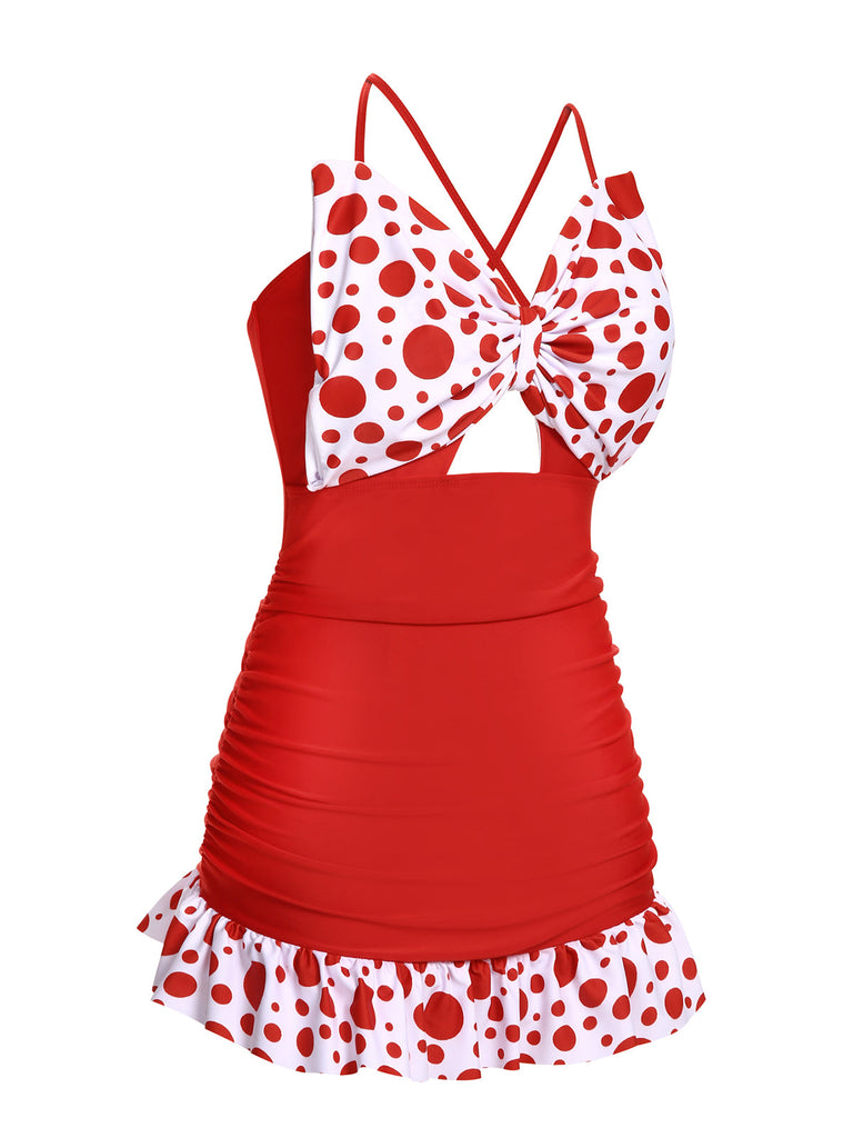 [US Warehouse] 1930s Polka Dot Bowknot Patchwork Swimsuit