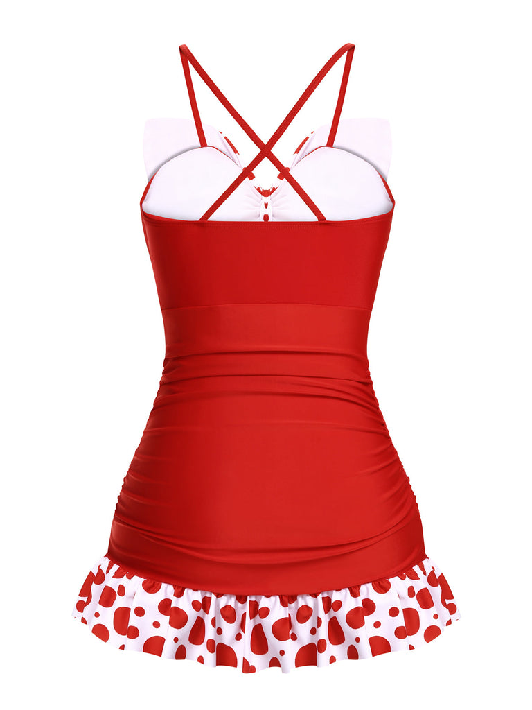 [US Warehouse] 1930s Polka Dot Bowknot Patchwork Swimsuit