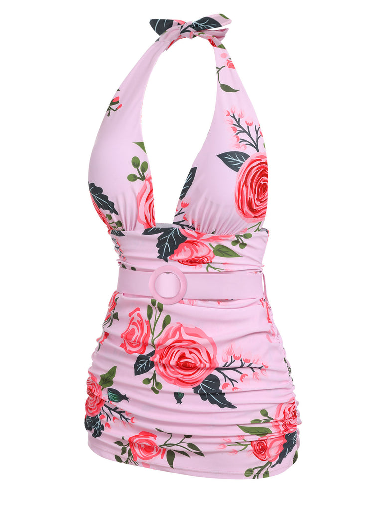 Pink 1930s Roses Halter Belt Swimsuit