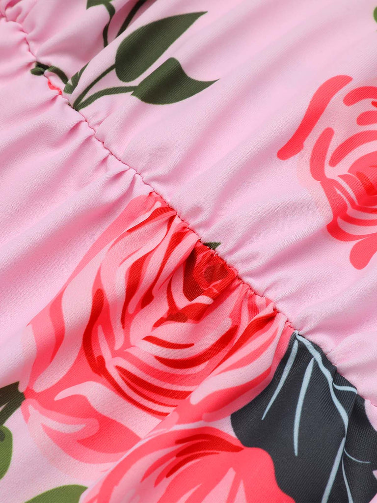 [Plus Size] Pink 1930s Roses Halter Belt Swimsuit