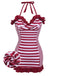 [US Warehouse] Wine Red 1950s Stripe Heart Collar Swimsuit