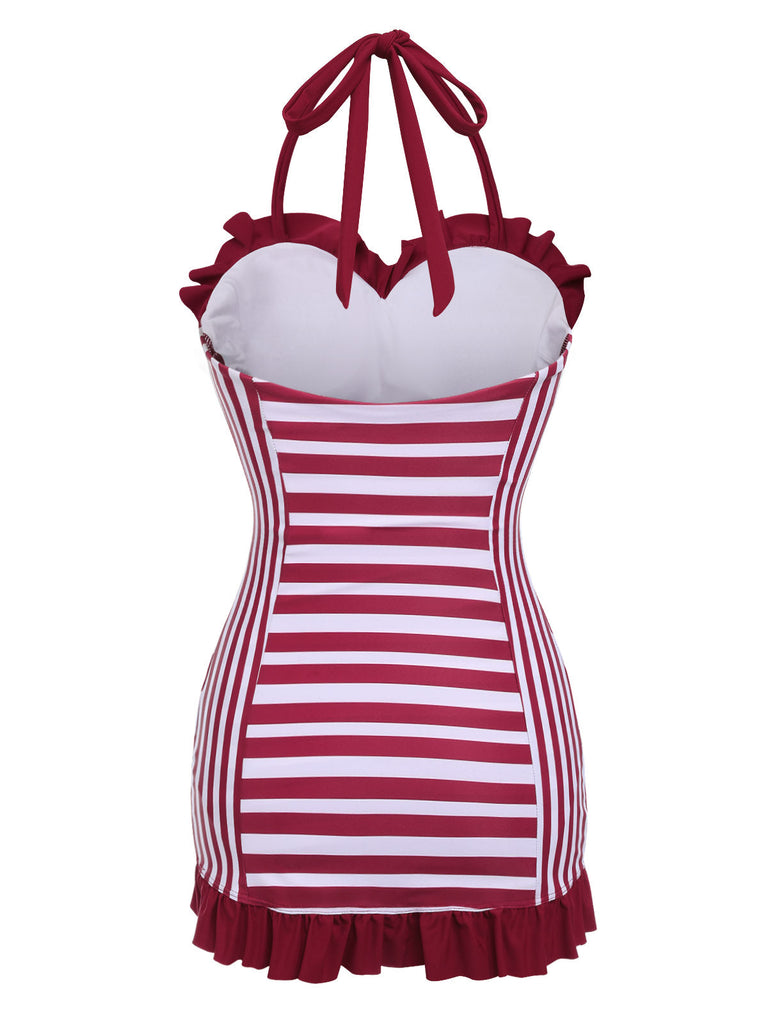 [US Warehouse] Wine Red 1950s Stripe Heart Collar Swimsuit