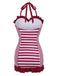 [US Warehouse] Wine Red 1950s Stripe Heart Collar Swimsuit