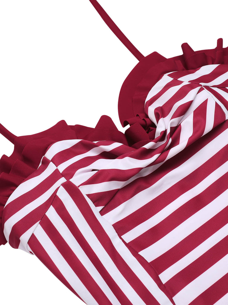 [US Warehouse] Wine Red 1950s Stripe Heart Collar Swimsuit