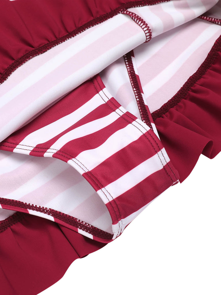 [US Warehouse] Wine Red 1950s Stripe Heart Collar Swimsuit