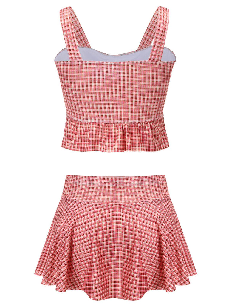 Pink 1940s Plaid Lace up Swimsuit