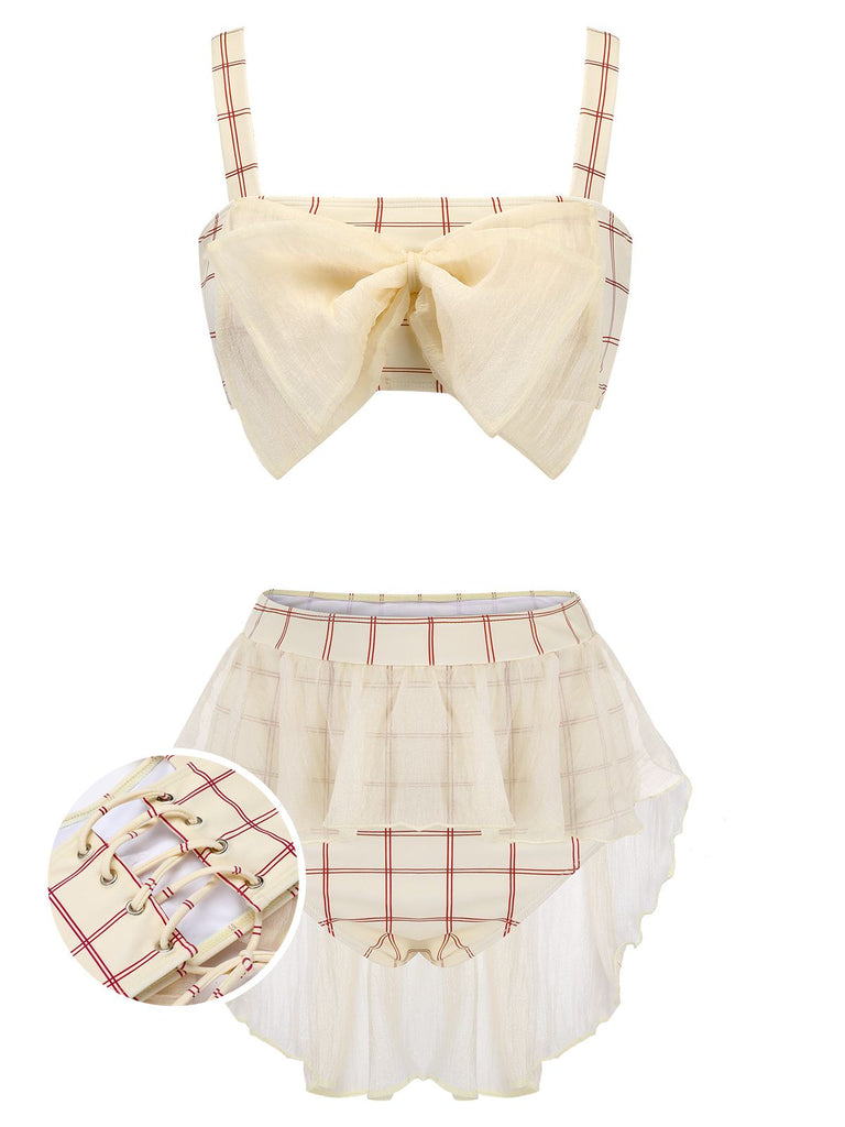 [US Warehouse] 1950s Bowknot Plaid Mesh Patchwork Swimsuit