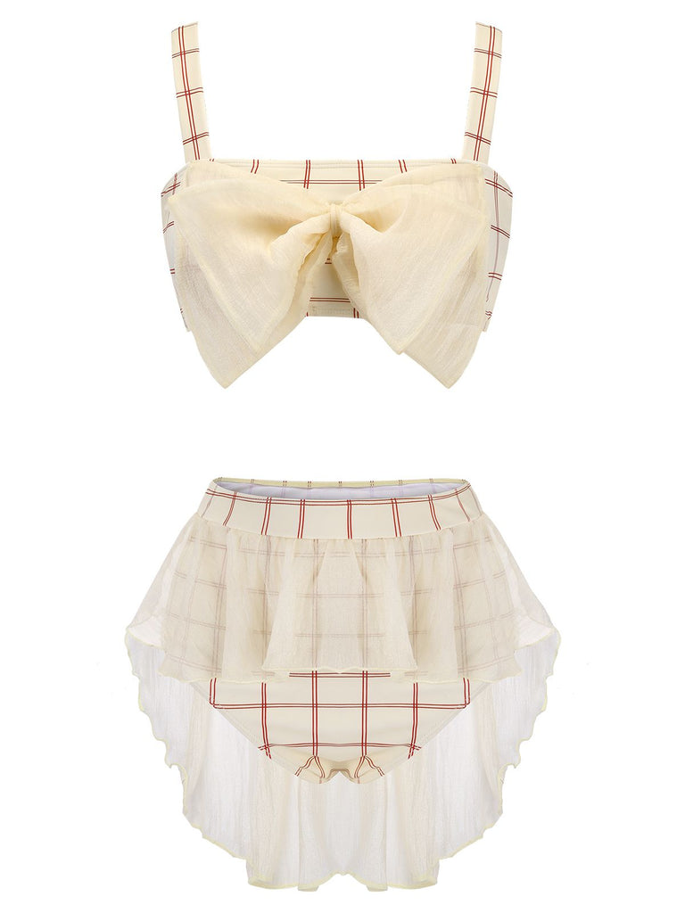 [US Warehouse] 1950s Bowknot Plaid Mesh Patchwork Swimsuit