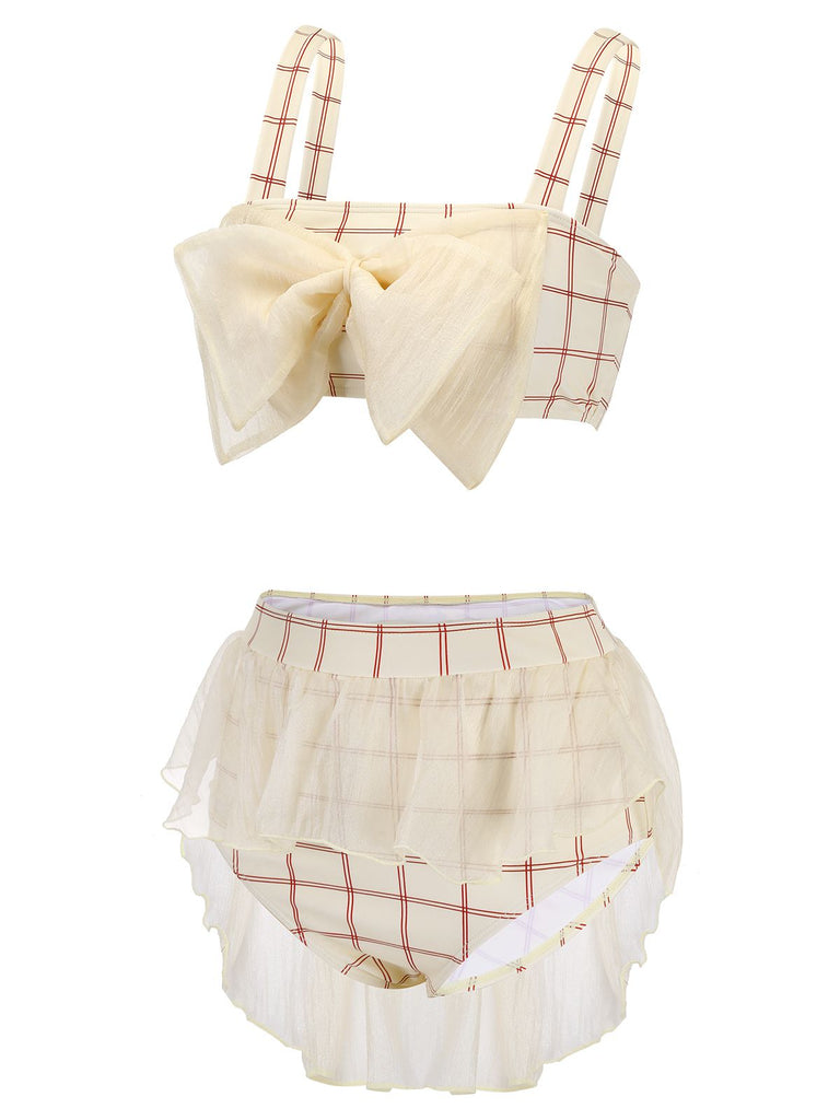 [US Warehouse] 1950s Bowknot Plaid Mesh Patchwork Swimsuit