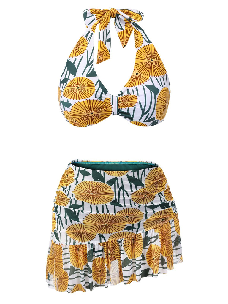 [US Warehouse] 1950s Halter Ping Pong Floral Swimsuit