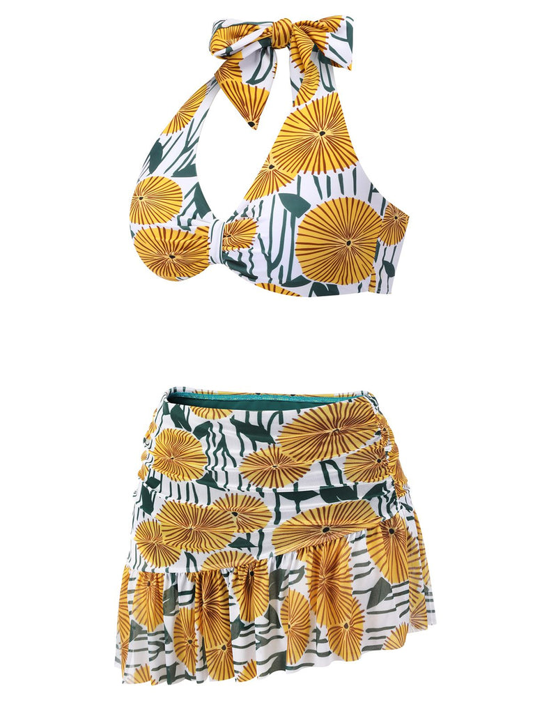 [US Warehouse] 1950s Halter Ping Pong Floral Swimsuit