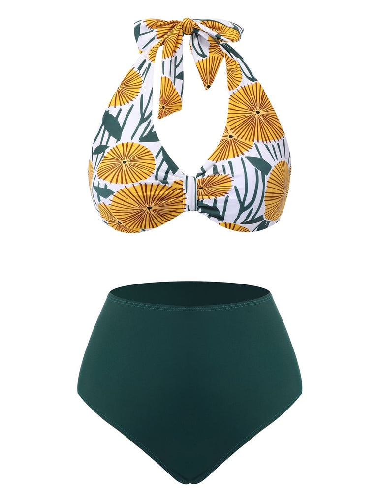 [US Warehouse] 1950s Halter Ping Pong Floral Swimsuit