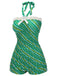 [US Warehouse] Green 1930s Stripe Off-Shoulder Halter Swimsuit