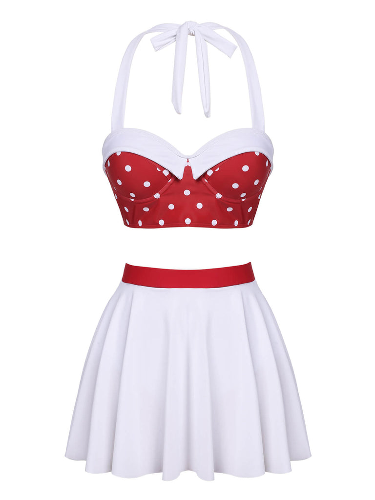 White & Red 1950s Polka Dots Patchwork Swimsuit