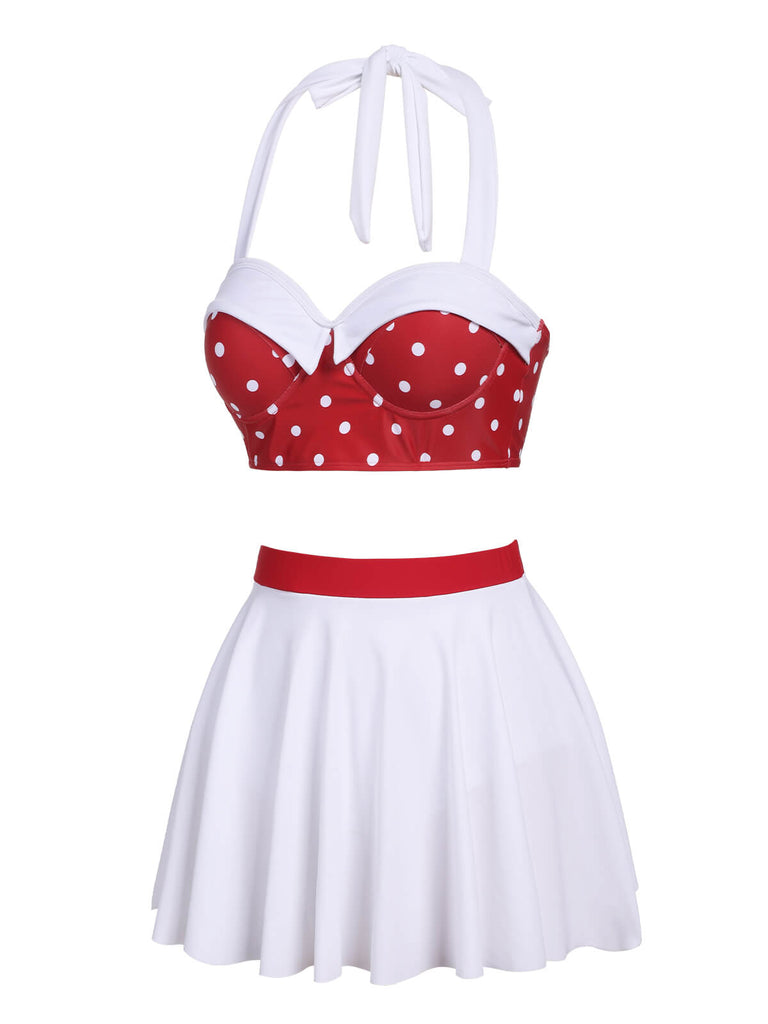 White & Red 1950s Polka Dots Patchwork Swimsuit
