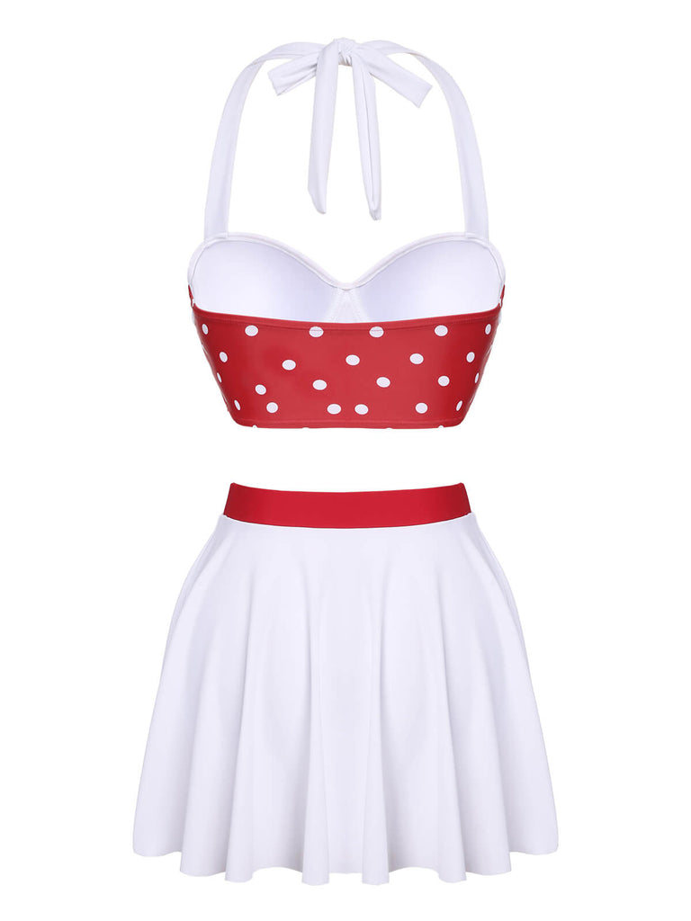 White & Red 1950s Polka Dots Patchwork Swimsuit