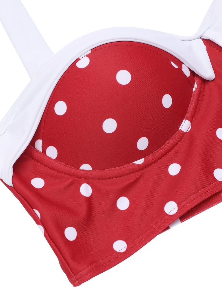 White & Red 1950s Polka Dots Patchwork Swimsuit