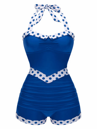 Blue 1940s Halter Patchwork One-piece Swimsuit