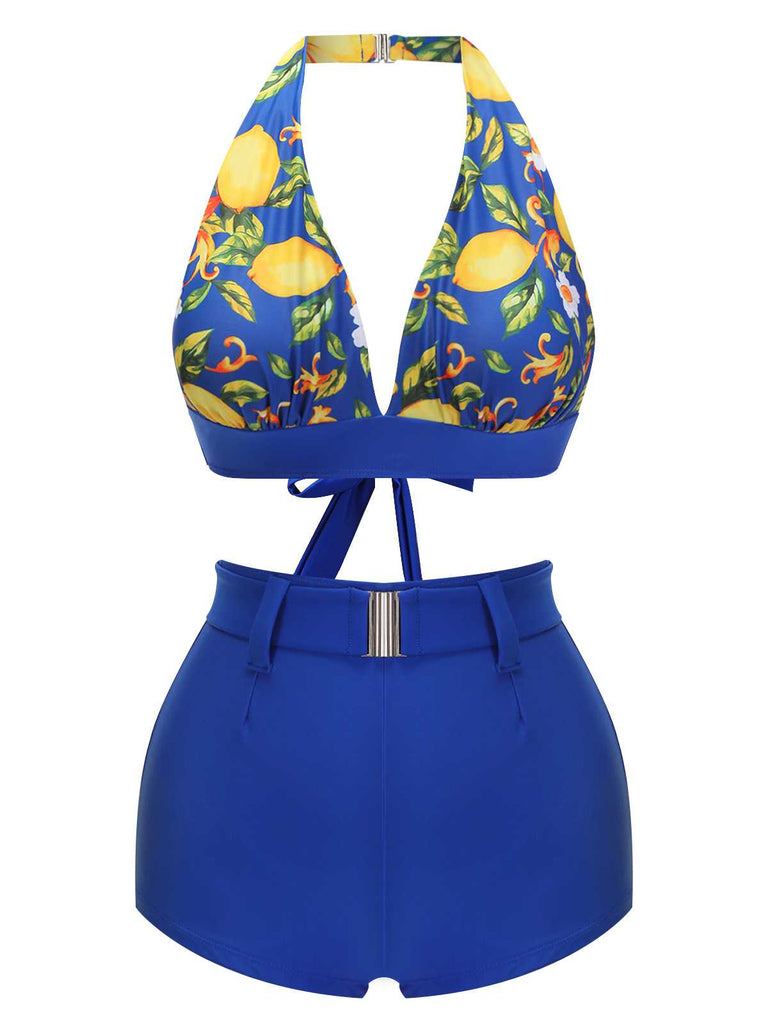 Blue 1930s Halter Lemon Belted Swimsuit