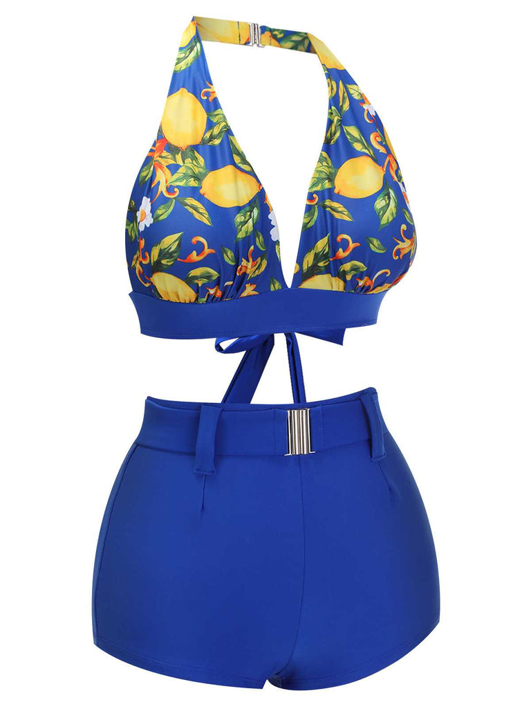 Blue 1930s Halter Lemon Belted Swimsuit