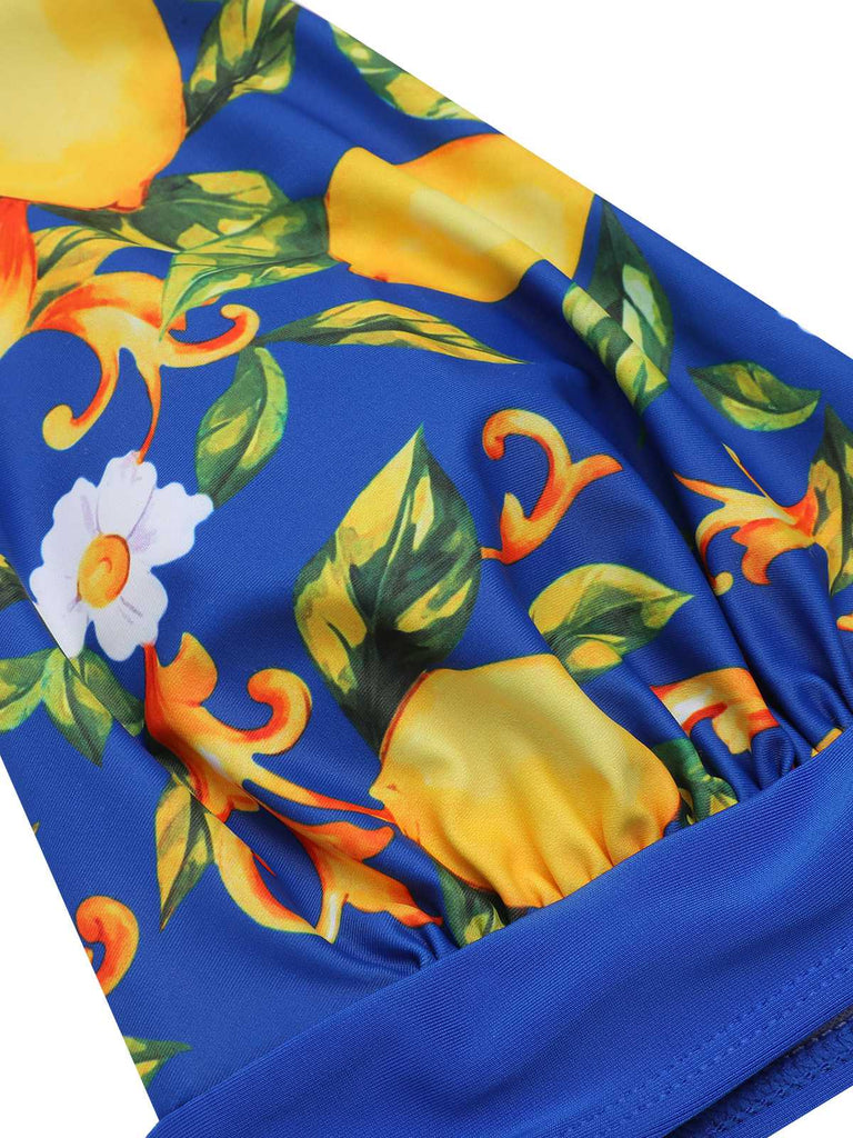 Blue 1930s Halter Lemon Belted Swimsuit