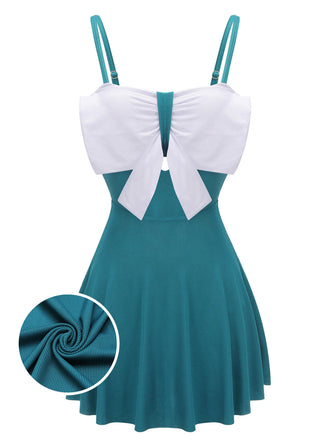 2PCS Blue 1930s Bow Strap Swimsuit & Skirt